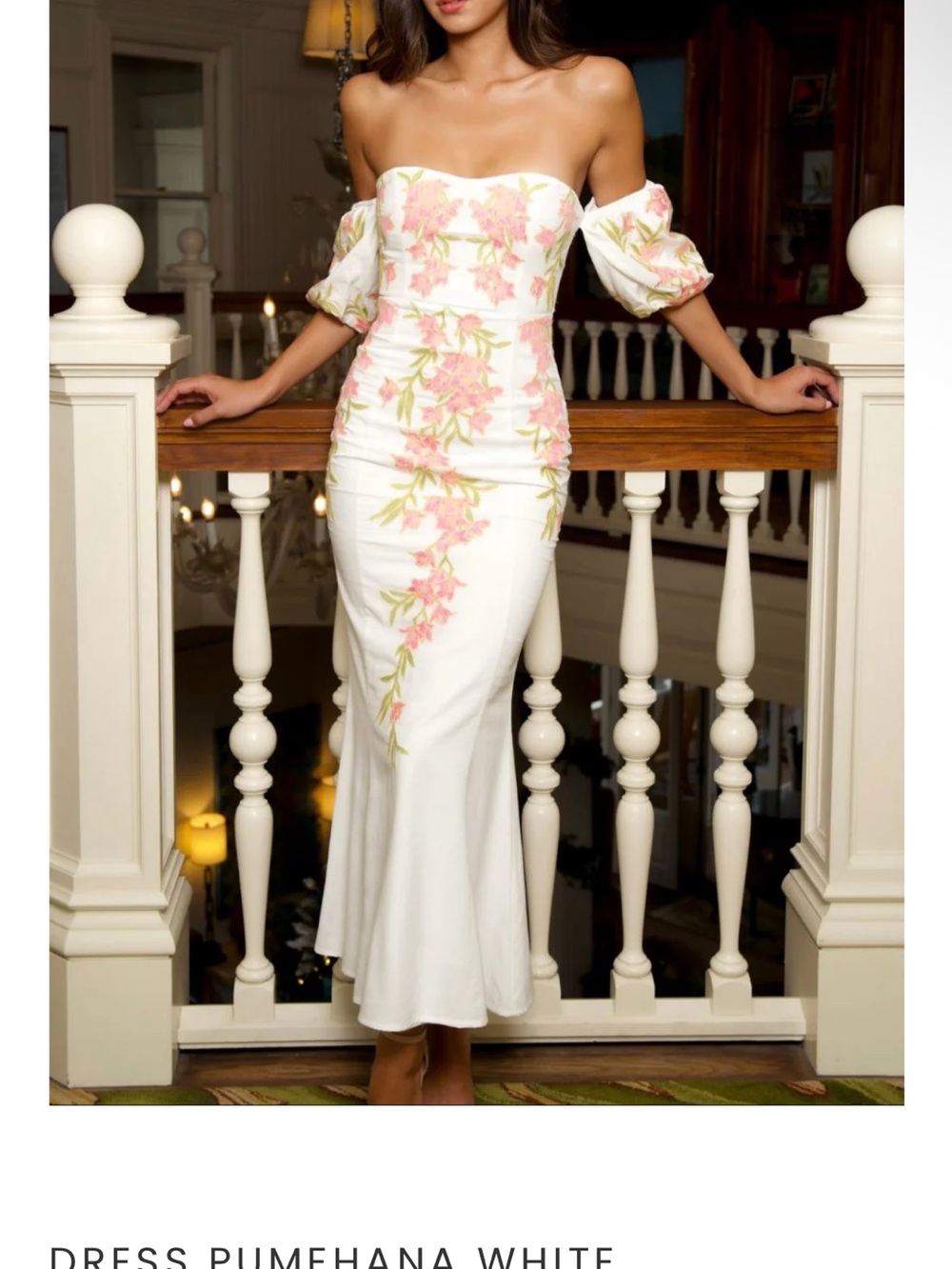 Kahulale’a Strapless White Dress with Pink Floral Embroidery